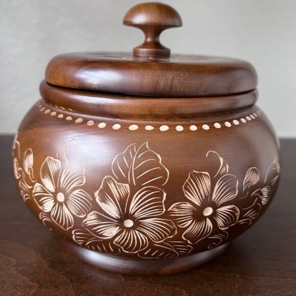 Hand-Carved Teak Wood Trinket Box from India | Floral Engraved Lidded Bowl 6.75” - Picture 8 of 15